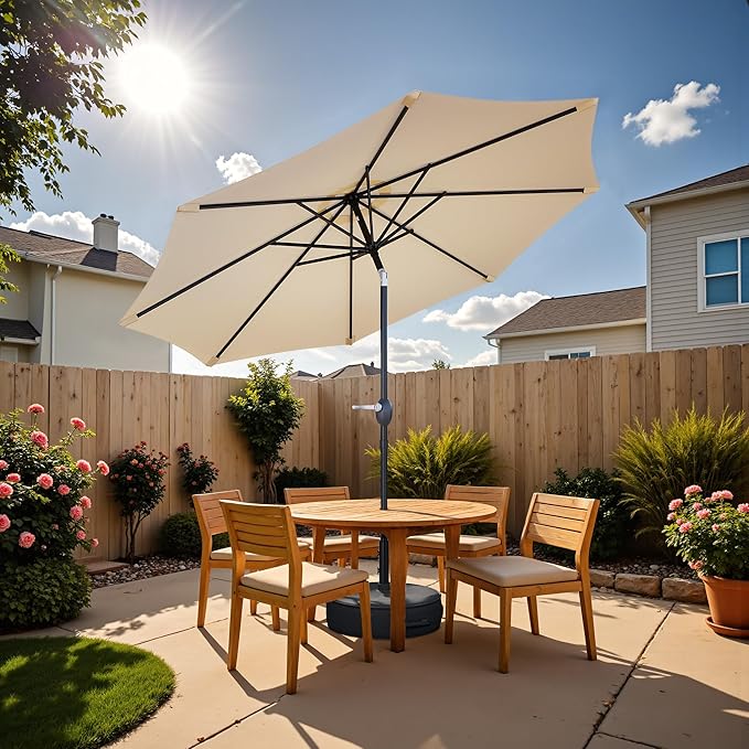 Greesum Outdoor Patio Umbrella with Base, Table Umbrella with 8 Sturdy Ribs, Push Button Tilt and Crank, Market Table Parasol for Garden, Lawn, Backyard & Pool, Beige