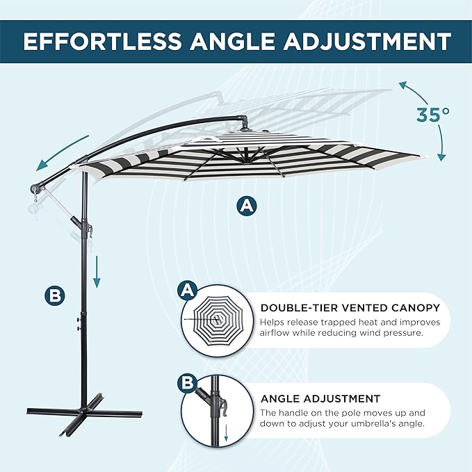 10FT Offset Patio Umbrella, Cantilever Hanging Umbrella with Infinite Tilt, Fade-Resistant Water-Repellent Canopy & Cross Base for Yard, Garden & Deck