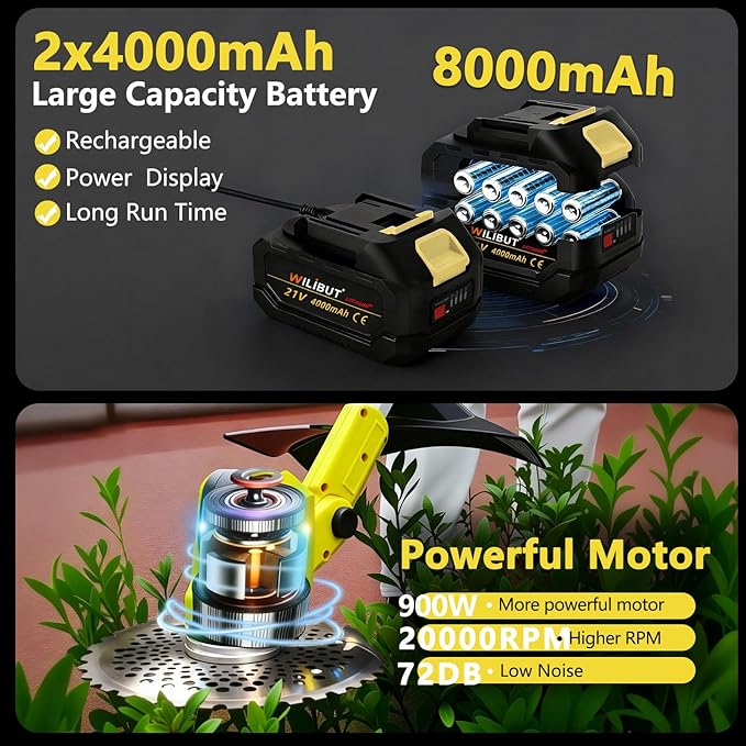 3-in-1 Cordless Weed Wacker, Grass Trimmer/Lawn Mower/Brush Cutter with LCD Display, (2 x 4.0Ah Batteries & Charger), Electric Weed Eater for Yard and Garden (900W Brushless Motor, 4 Blades)