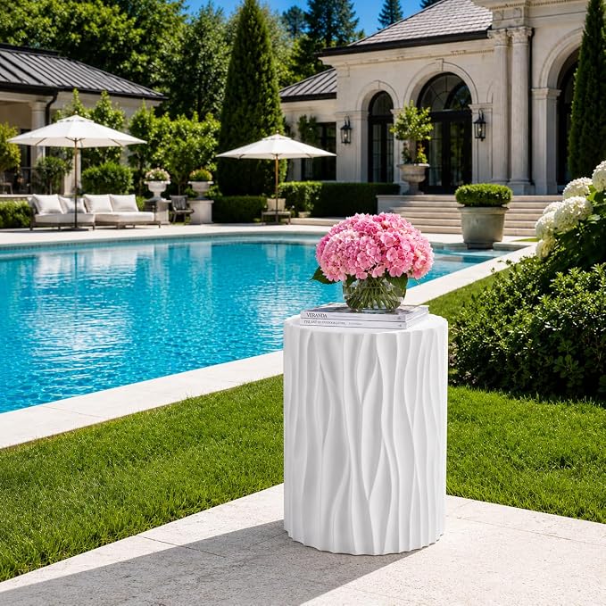 Merax 15.75” Outdoor Round Side Table, Wavy Fluted MGO Accent Table with 240 lbs Capacity, All-Weather Patio Furniture for Garden, Balcony, White