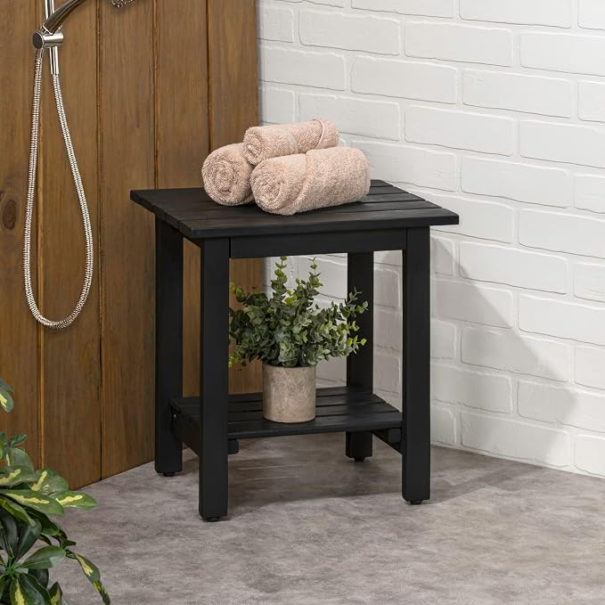 JONATHAN Y Kellie 16" Modern Black Acacia Wood Outdoor Side Table with 2-Tier Storage, Weather-Resistant Rectangular Slatted End Table for Patio, Garden, Deck, and Porch END6001B