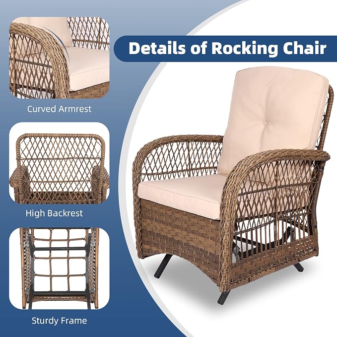 3-Piece Patio Wicker Conversation Bistro Set, All-Weather Gliding Rocking Chairs with Thickened Cushions and Glass Top Table, Outdoor Rattan Furniture Sets for Balcony Porch Garden