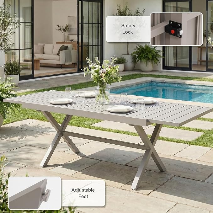 SUNSITT 7 Piece Outdoor Patio Dining Set, 65" - 107" Metal Expandable Outdoor Dining Table with X-Shape Legs, 6 Woven Wicker Patio Chairs w/Curved Backrest for Garden, Flaxen
