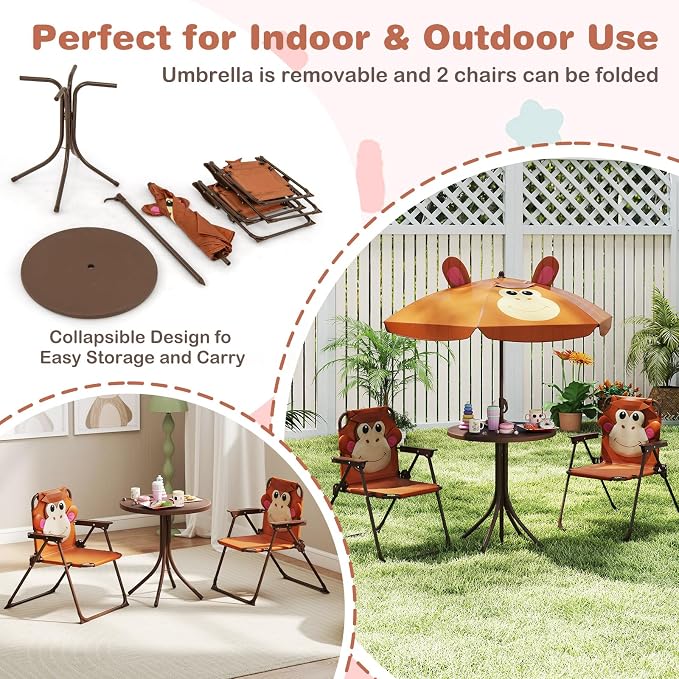 KOTEK Kids Picnic Table with Umbrella, Outdoor Table & 2 Folding Chairs, Cute Pattern Children’s Patio Furniture, Portable Kids Table and Chair Set for Backyard, Garden, Beach (Brown)