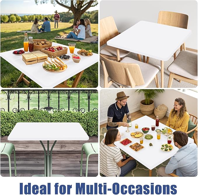 Moosfor Spandex Picnic Table Cloth 2 Pack, Elastic Fitted Tablecloths for Square Tables, Stretch Washable Patio Table Cover for Outdoor, Camping, Banquet and Parties (White, 34"x34")