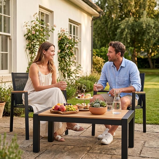 Garvee Outdoor Coffee Table, All-Weather Aluminum Patio Table, Rectangle Outdoor Coffee Tables for Outside, Realistic Wood-Look Tabletop Furniture for Patio, Deck, Backyard, Garden, Poolside
