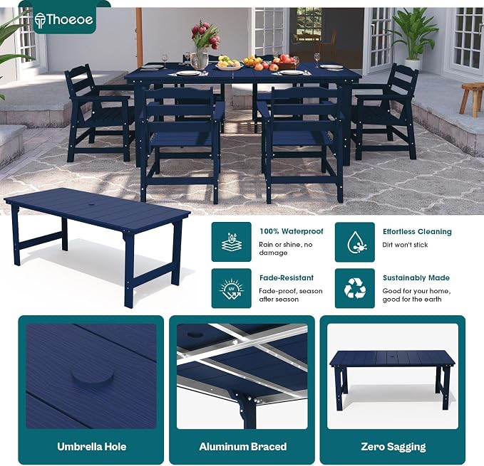 THOEOE 5 Piece Outdoor Dining Set, Patio Dining Table and 4 Chairs, All-Aluminum Frame, All-Weather HDPE Outdoor Furniture with Umbrella Hole for Garden, Lawn, Poolside, Navy Blue