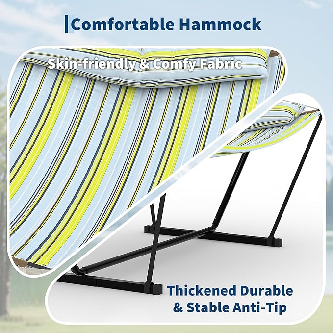 2 Person Double Hammock with Adjustable Steel Stand & Pillow, Heavy Duty Portable Outdoor Hammock Set, MAX 450 LBS Weight Capacity for Patio, Garden, Beach, Backyard