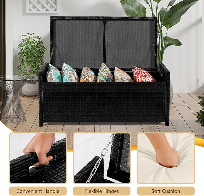 PROHIKER 2-in-1 Wicker Deck Box Bench, All-Weather 55 Gallon Outdoor Storage Box with Cushions and Waterproof Bag, Rattan Storage Bench for Pool Tools, Outdoor Equipments and Garden Tools, Black/Beige