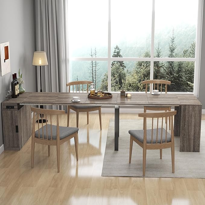 23.62”-118.11” Extendable Dining Room Table, 1-10 People Wood Long Foldable Tables with Storage Cabinet & Outlet, Space Saving Expanding Table with for Kitchen, Living Room, Party, Brown