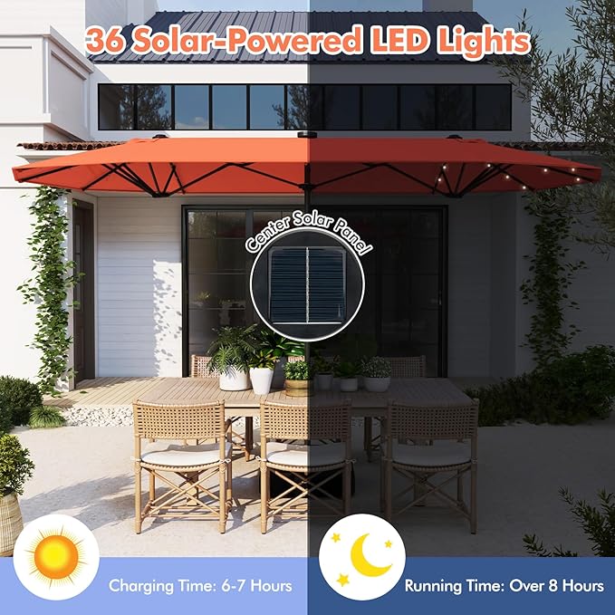 HAPPYGRILL Double-Sided Patio Umbrella with Solar Lights, 13FT Large Umbrella with Base Included, Crank Handle, Market Twin Table Umbrella for Outdoor Backyard Garden Poolside