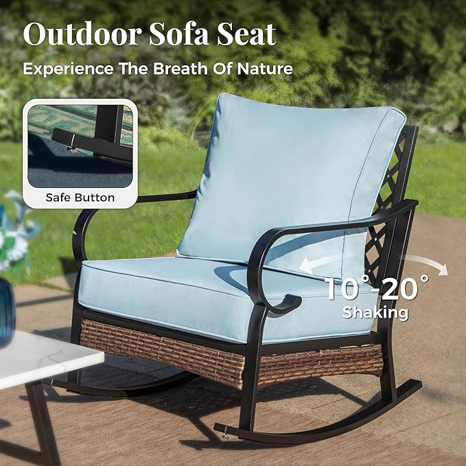 Patio Furniture Set with Fire Pit Table, 4 PCS Metal Outdoor Conversation Set with 5.75'' Extra Thick Cushion, 2 Rocking Chairs, 3-Seat Sofa and Gas Fire Pit Table, Blue