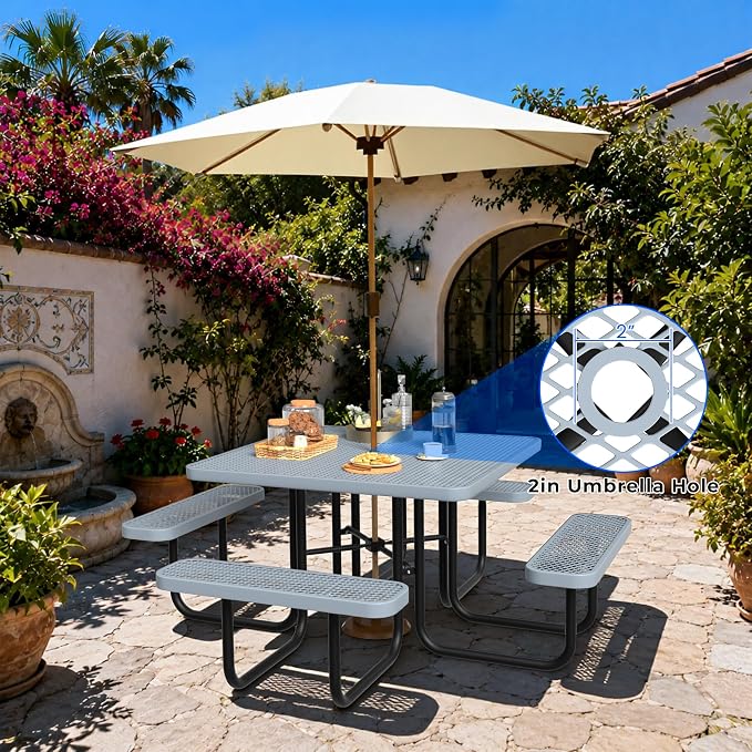 All-Weather Square Outdoor Picnic Table, Commercial Picnic Table Bench Set with Umbrella Hole, Thermoplastic Coated Metal Dining Tables for School, Stores, Park, Patio, Yard, Grey