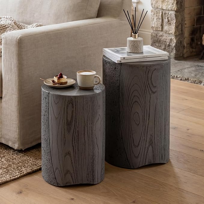 HOMPUS Outdoor Side Table Set of 2, Concrete Nesting Table Round w Spotted & Faux Wooden Modern MgO End Table, Lightweight Functional Patio Accent Table for Garden, Deck, Poolside, Grey