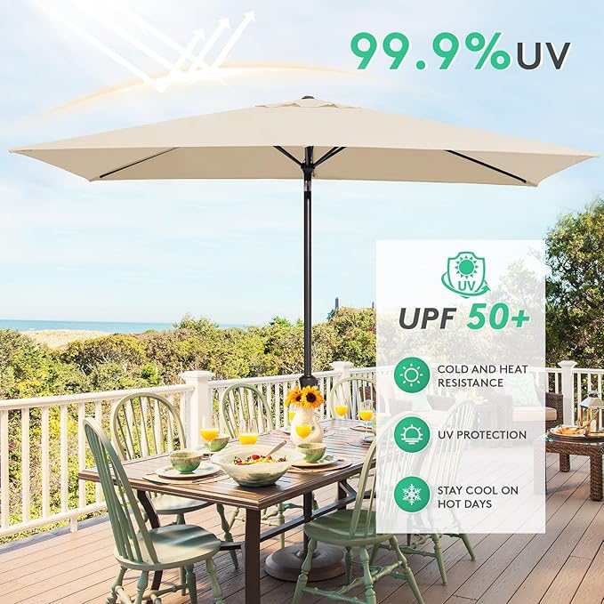 JEAREY 6.5x10ft Olefin Rectangular Patio Umbrella, Rectangle Outdoor Umbrellas with Auto Tilt Crank System, Market Table Umbrella UV Protection Fade-Resistant for Pool Deck Garden Yard, Beige