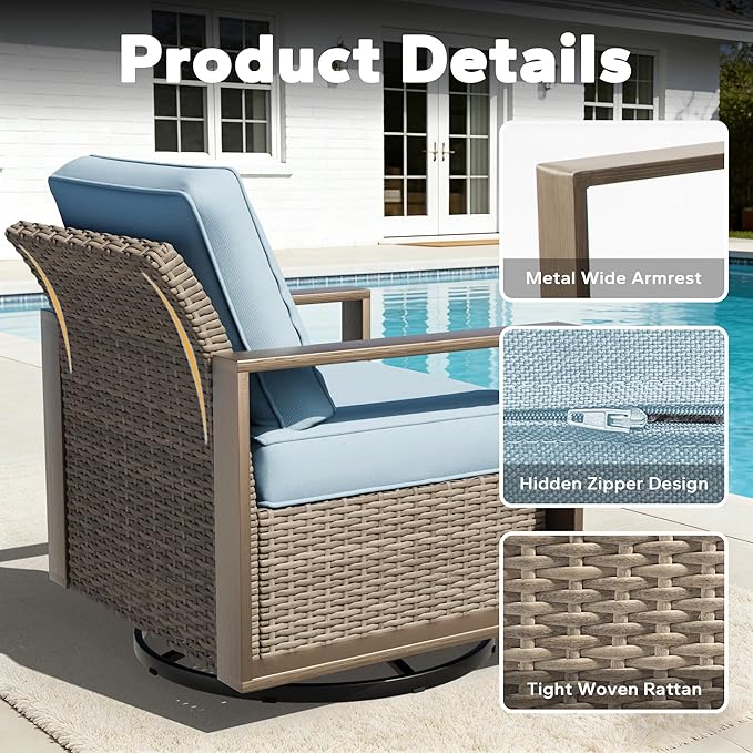 4 Pieces Patio Furniture Set with Wicker 75" Sofa, Two Swivel Rocker Chairs, One Coffee Table, Outdoor Conversation Furniture Set with Metal Armrest & Removable Cushions for Deck, Baby Blue