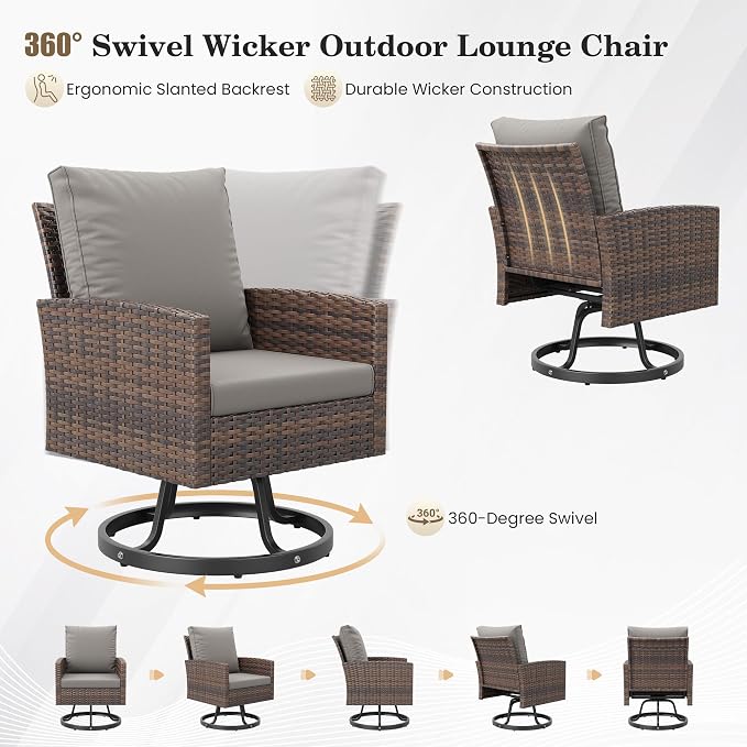 Amopatio Patio Furniture Set with Fire Pit Table,7 Pieces Conversation Sofa with 360° Swivel Chairs, All Weather Wicker Outdoor Furniture for Backyard Garden Pool Deck,Grey