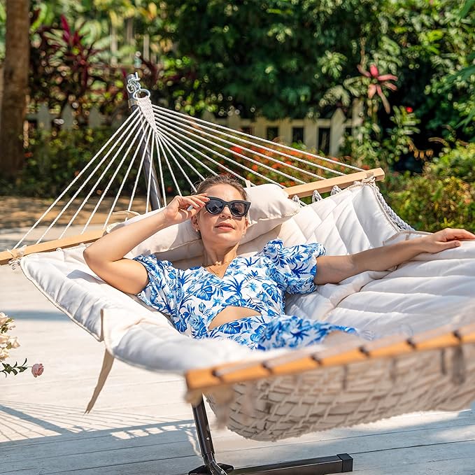 Lazy Daze Hammocks 2 Person Hammock Pad and Pillow Set, Double Polyester Quilted 78" x55" Replacement Pad for Rope Hammock, Cream