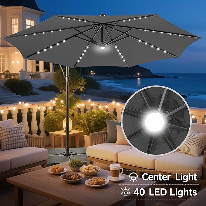 Solar Offset Patio Umbrella - 10 FT Solar Cantilever Umbrella Outdoor with 40 LED Lights and Cross Base, UV Protection for Garden, Deck, Backyard, Pool, Porch, Anthracite