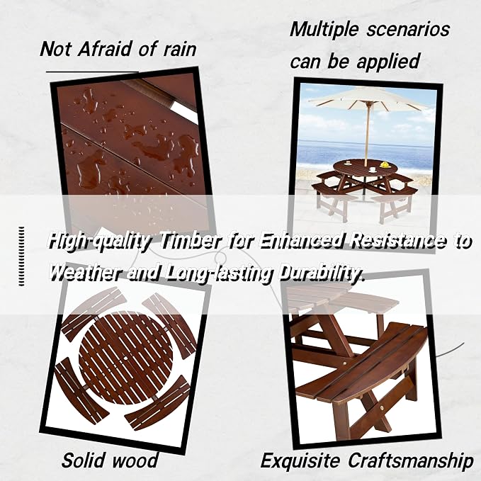 8-Person Outdoor Picnic Round Table with Built-in Benches | All-Weather Wooden Patio Furniture for Gardens, Backyards and Porches | Includes 2" Umbrella Hole (Brown, 70.08"*70.08"*27.17")