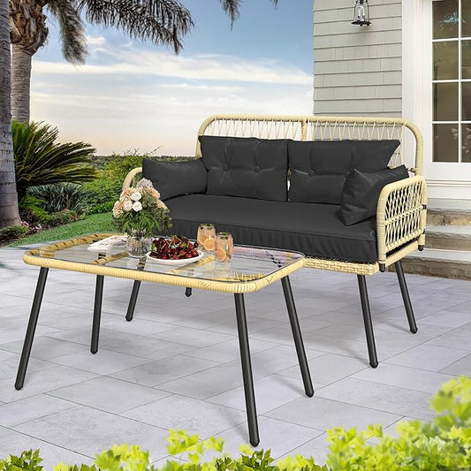 YITAHOME 2-Piece Patio Furniture Wicker Outdoor Loveseat, All-Weather Rattan Conversation for Backyard, Balcony and Deck with Soft Cushions and SideTable (Light Brown+Black)