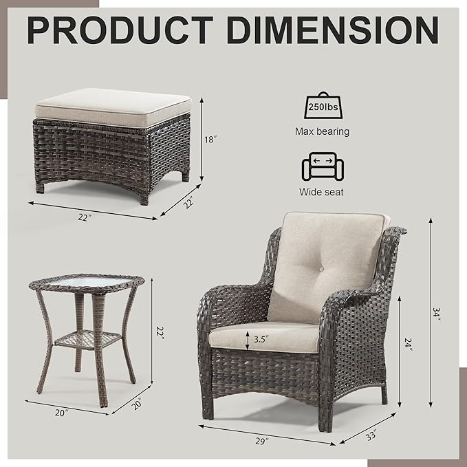 5 Pieces Outdoor Wicker Chair Set - Wicker Patio Furniture Set with 2 Chairs, 2 Ottomans and 1 Side Table for Backyard, Porch, Balcony(Mixed Grey/Beige)