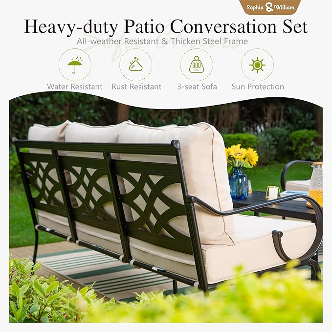 Sophia & William Patio Furniture Set with Fire Pit Table, Outdoor Conversation Sets 5 Seats Clearance with 45" Gas Fire Pit Table x 1, 3-seat Sofa x 1, Swivel Chair x 2 for Porch Lawn, Beige