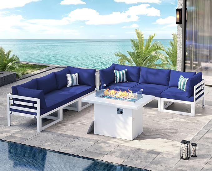 NICESOUL 7 Piece L-Shaped Contemporary Aluminum Outdoor Furniture Set with Firepit, 29" Deep Wide Large Couch Set, 500 lbs High Weight Capacity Modular Patio Sectional Sofa for Garden Lawn, Navy Blue