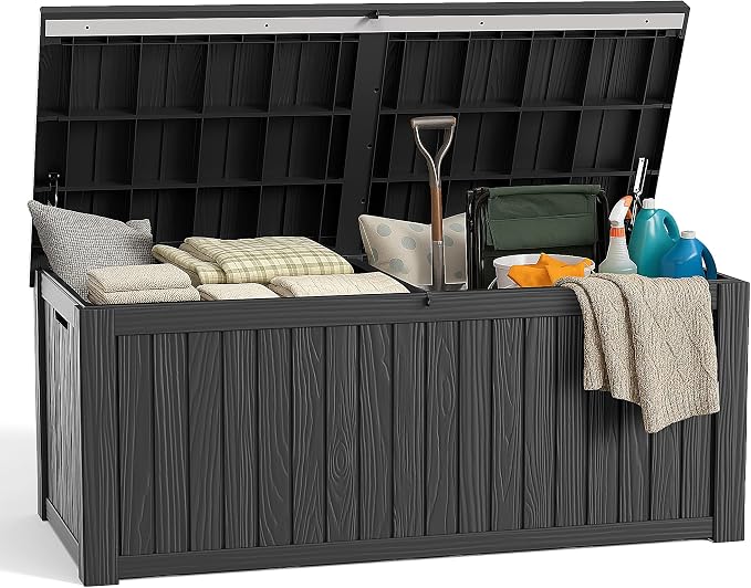 Deck Box Large Outdoor Storage for Patio Furniture,Outdoor Cushions,Garden Tools and Pool Supplies,Waterproof,Resin,Lockable (Black, 180 Gallon)