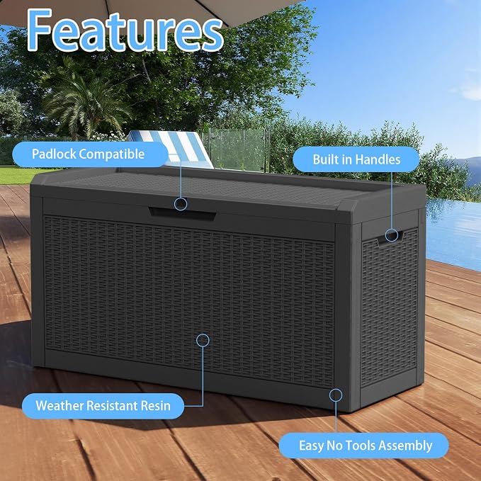 75 Gallon Outdoor Deck Storage Box, All Weather Rattan Textured Lockable Storage Bin for Poolside, Patio, Backyard Large Outdoor Storage (Black, 75GAL)