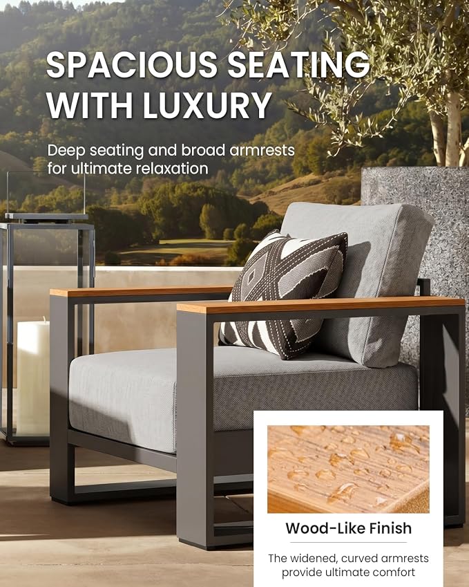 Oversized Aluminum Patio Furniture Set, 5 Pieces Luxury Outdoor Furniture Set with 7.1" Extra Thick Cushion, Modern Outdoor Sectional with Coffee Table for Porch, Garden and Deck, Gray
