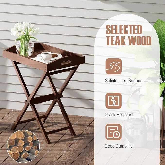 Giantex 2-Pack Outdoor Side Table with Removable Top, 28-Inches High Solid Teak Wood TV Tray, Folding Portable Bistro Table for Outside, Patio, Garden, Porch, Backyard, Balcony, No Assembly Need
