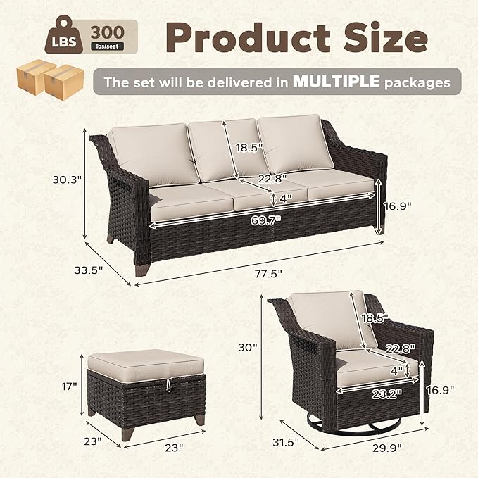 6 Pieces Patio Conversation Furniture Set - 2 Sofas, 2 Swivel Chairs, 2 Ottomans, Outdoor Wicker Furniture with Removable Cushions for Porch, Balcony, Sunroom (Beige)