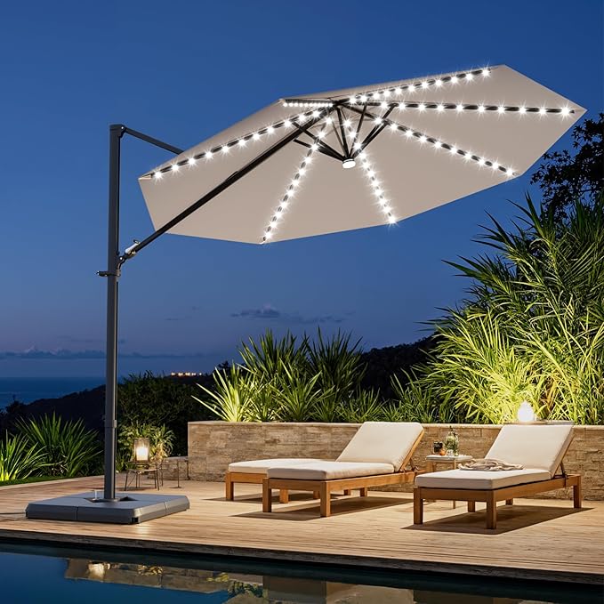 Greesum 10FT Outdoor Patio Umbrella with High Pedel and 4 Gear Heights, Large Offset Umbrella with Solar LED Lights and 360-degree Rotation, Without Base, Hanging Outdoor Shade for Garden, Beige