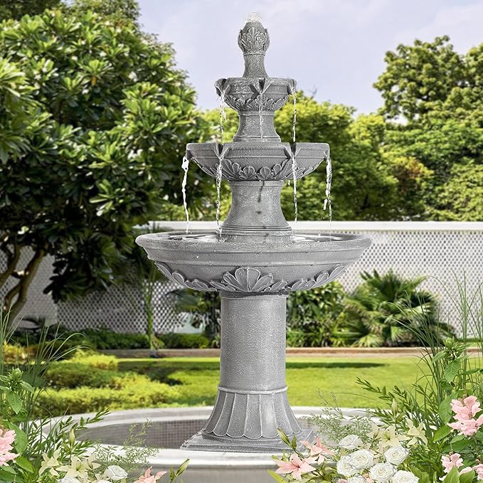 Pineapple Top Italian Water Fountain 48.4" H, 3 Tiers Outdoor Floor Bubbler Lawn Waterfall Fountains w/Roman Pillar, Freestanding Bowls Fountain w/Leaf Pattern for Yard Patio Home Decor (Gray)