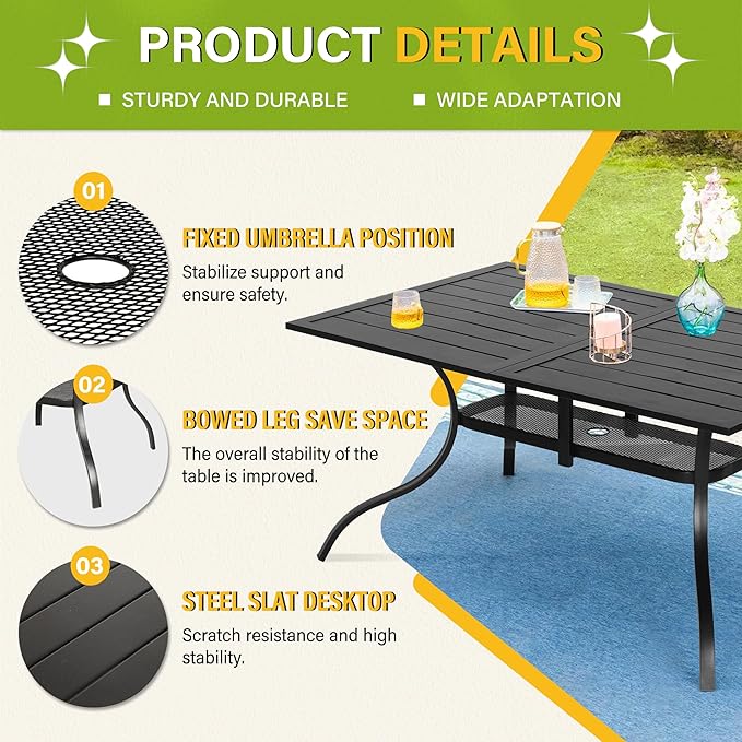 Incbruce Patio Dining Table, 60" x 36" Rectangle Metal Steel Slat Table, with 1.57" Umbrella Hole, for Backyards, Porches, Gardens or Poolside