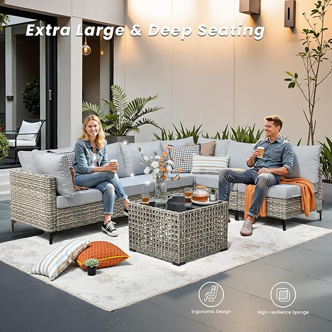 Outdoor Patio Furniture Sets,6 PCS Patio Conversation Set Outside Rattan Sectional Sofa with 42 in Fire Pit Table&Coffee Table Fit Backyard Porch Garden Poolside Balcony