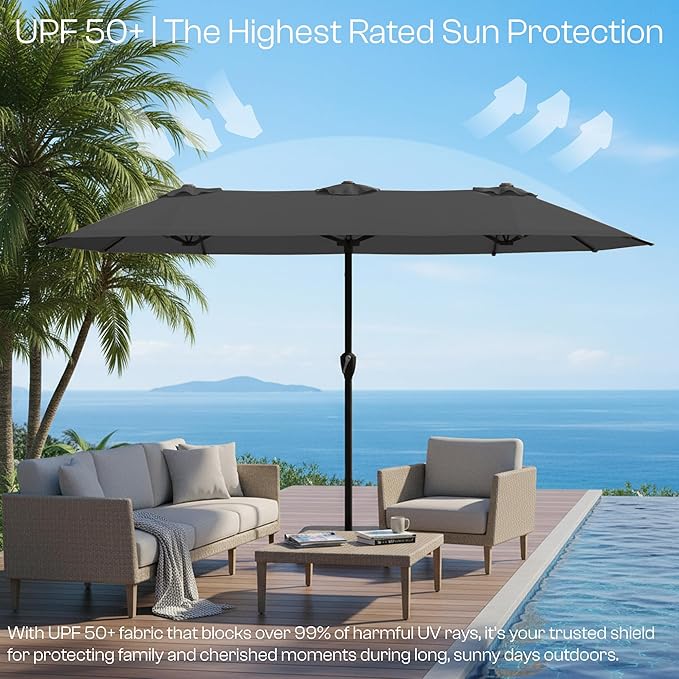 15FT Large Patio Umbrella with Base, Double Sided Rectangular Outdoor Umbrella with Sturdy Fiberglass Ribs, UPF 50+ Sun Protection, Wind-Resistant, Waterproof Fade-Resistant Fabric for Pool, Garden, Backyard, Deck(Gray)