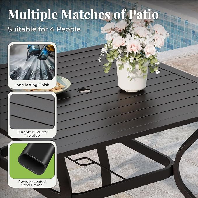 MIXPATIO 5 Pieces Patio Table and Chairs Set, 4 Person Outdoor Dining Furniture Set, 4 Brown Textilene Chairs and 37" Square Metal Table with Umbrella Hole, for Deck Backyard Lawn