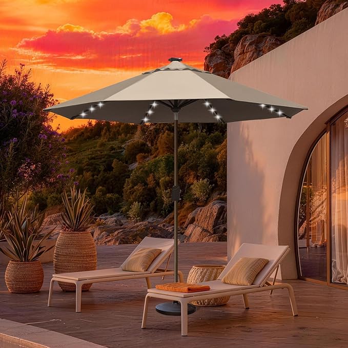 EliteShade USA 10-Year-Non-Fading 10ft Market Patio Umbrella, Commercial Grade Table Sun Umbrella with 80 Solar LED Lights, Crank Open, Windproof & UPF 50+ UV Protection for Garden, Deck, Pool, Backyard, Heather Beige