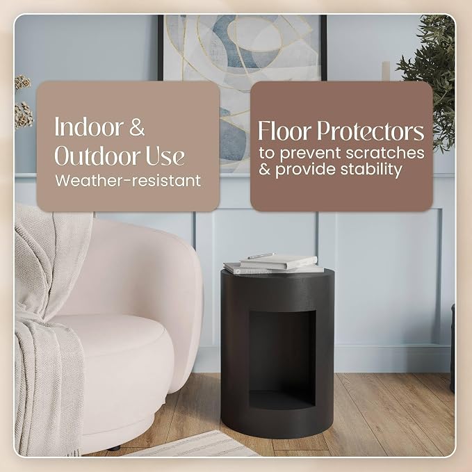 LeisureMod 14” Wide Black Round Side Table in Fiberstone with Open Storage, Painted Finish, for Indoor Outdoor Use, Modern Living Room, Bedroom, Patio, Garden