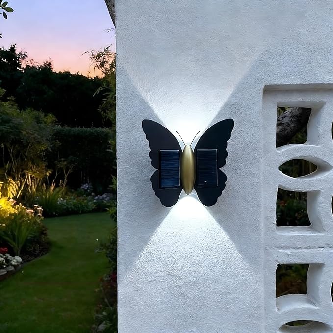 Butterfly Wall lihgts Decorations Solar Fence Lights Outdoor Solar Deck Light Waterproof LED Solar Powered Step Light Garden Butterfly Decorative Lighting for Front Door Yard Patio (White Light)