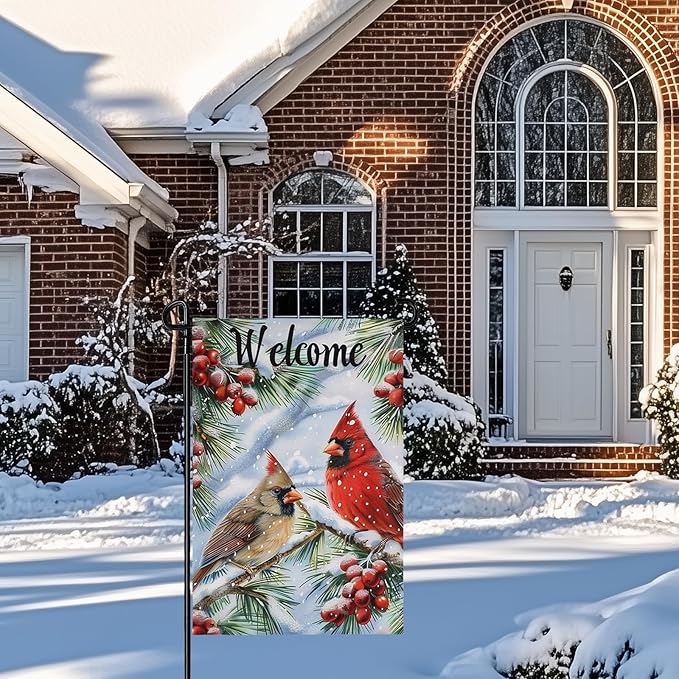 Winter Cardinal Garden FLag 12X18 IN Double Sided Welcome Winter Garden Flags for Xmas Holiday Farmhouse Yard Outside Decoration