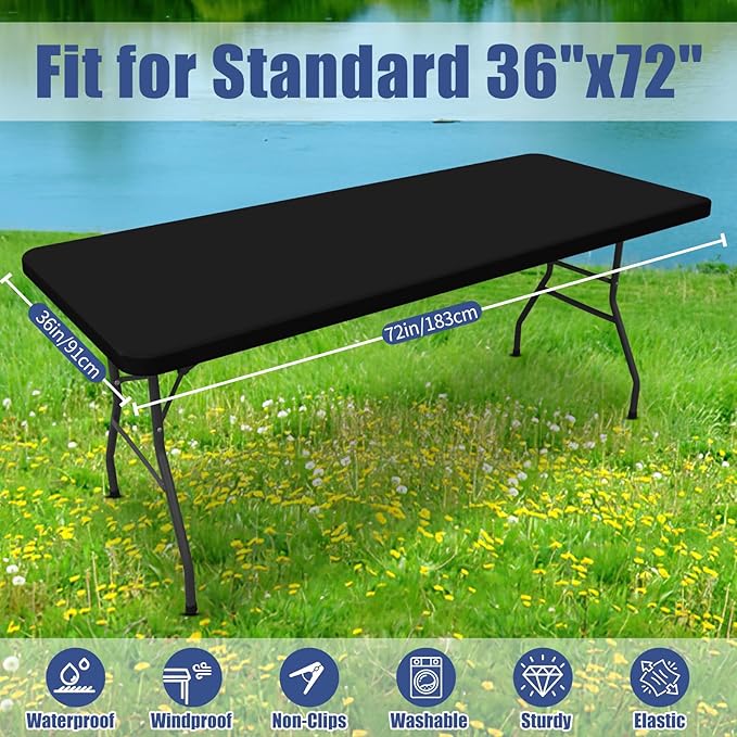 Moosfor Spandex 6 Foot Rectangle Table Cloth 2 Pack, Elastic Fitted Tablecloths for Picnic, Stretch Washable Patio Table Cover for Outdoor, Camping, Banquet and Parties (Black, 36"x72")