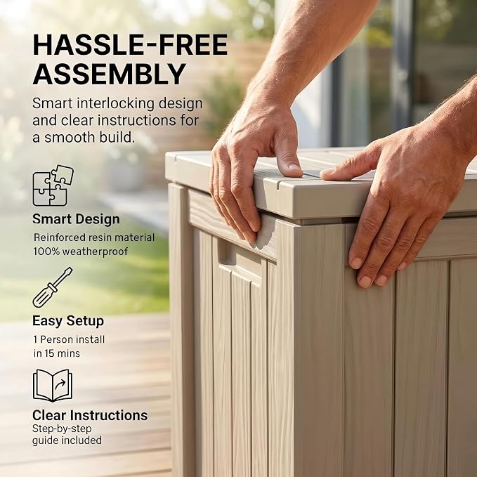 150 Gallon Resin Outdoor Storage Box for Garden Tools, Pool Supplies & Patio Cushions – Waterproof & UV-Resistant, Durable Material – Lockable (Brown)
