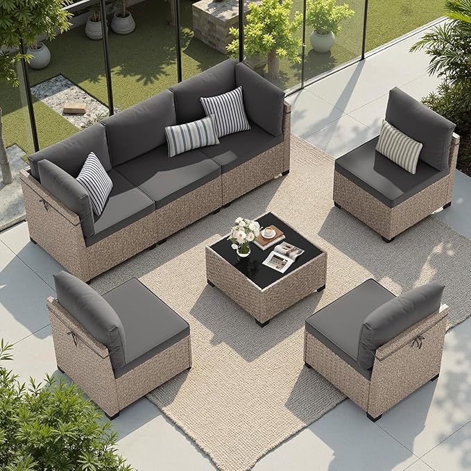 Soohow 7-Piece Patio Furniture Set, Outdoor Sectional All-Weather Wicker Patio Conversation Set for Garden, Porch, Backyard - Grey Cushions