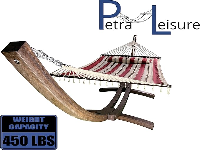 14 Ft. Wooden Arc Hammock Stand + Deluxe Quilted Double Padded Hammock Bed w/Pillow. 2 Person Bed. 450 LB Capacity(Coffee Stain/Elegant Red Stripe)
