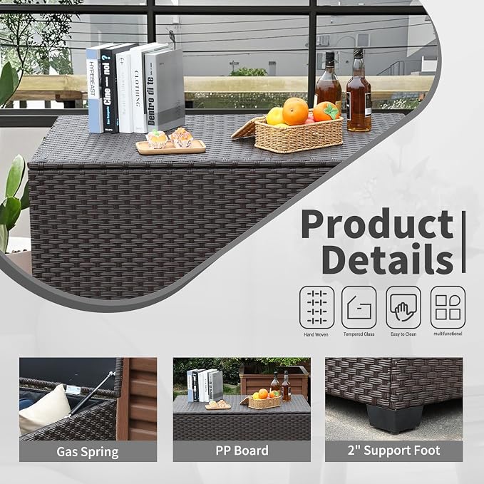 Rattan Star 140 Gallon Patio Storage Bin Wicker Outdoor Storage Box Waterproof Lining Bag Large Deck Box and Cushion Storage Bin Outdoor, Brown Wicker