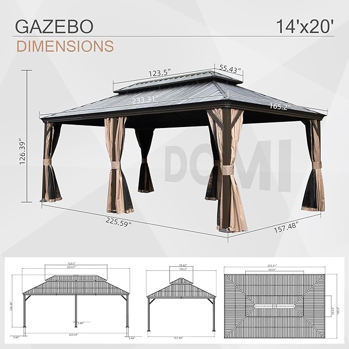 Domi 14' X 20' Hardtop Gazebo, Upgraded Metal Gazebo with Drainage System, Dual-Layer Galvanized Steel Roof, Curtain and Netting, Outdoor Shelter Canopy for Patio, Garden, and Backyard, Brown