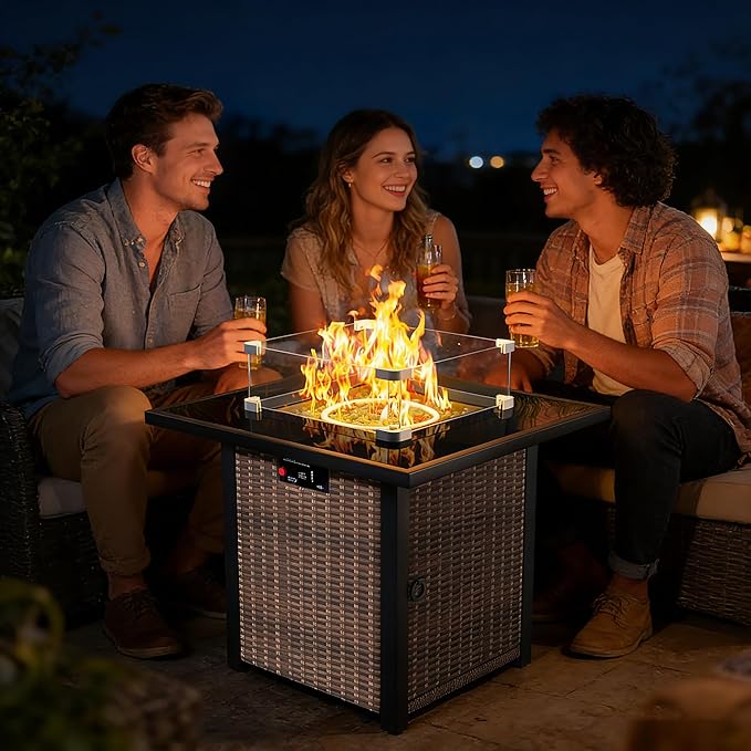 28" Square Fire Pit Table, Outdoor Propane Gas Firepit with Lid & Glass Wind Guard, 50,000 BTU, CSA Listed, Brown Wicker Rattan for Patio, Garden, Backyard, Deck